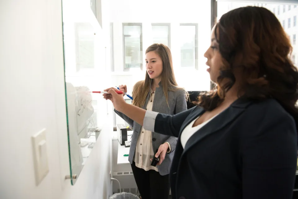Kolleginnen besprechen ein Projekt vor einem Whiteboard