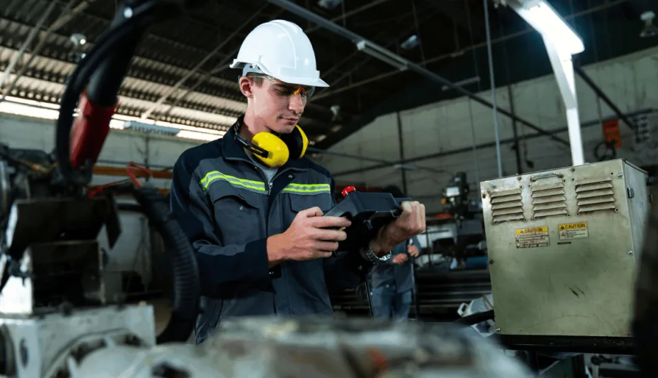 Fabrikarbeiter kontrolliert eine Werksmaschine - Industrie 4.0 wird gelebt