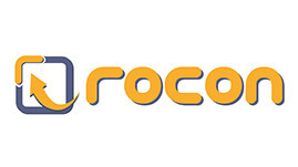 Das Rocon Logo der zweiten Generation bestehend aus einem viereck mit einem Pfeil in den Farben Gelb und dunkelblau und dem rocon Schriftzug in Gelb