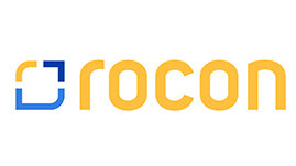 Das Rocon Logo der dritten Generation bestehend aus einem viereck in den Farben Gelb, Helblau, Blau und dem rocon Schriftzug in Gelb